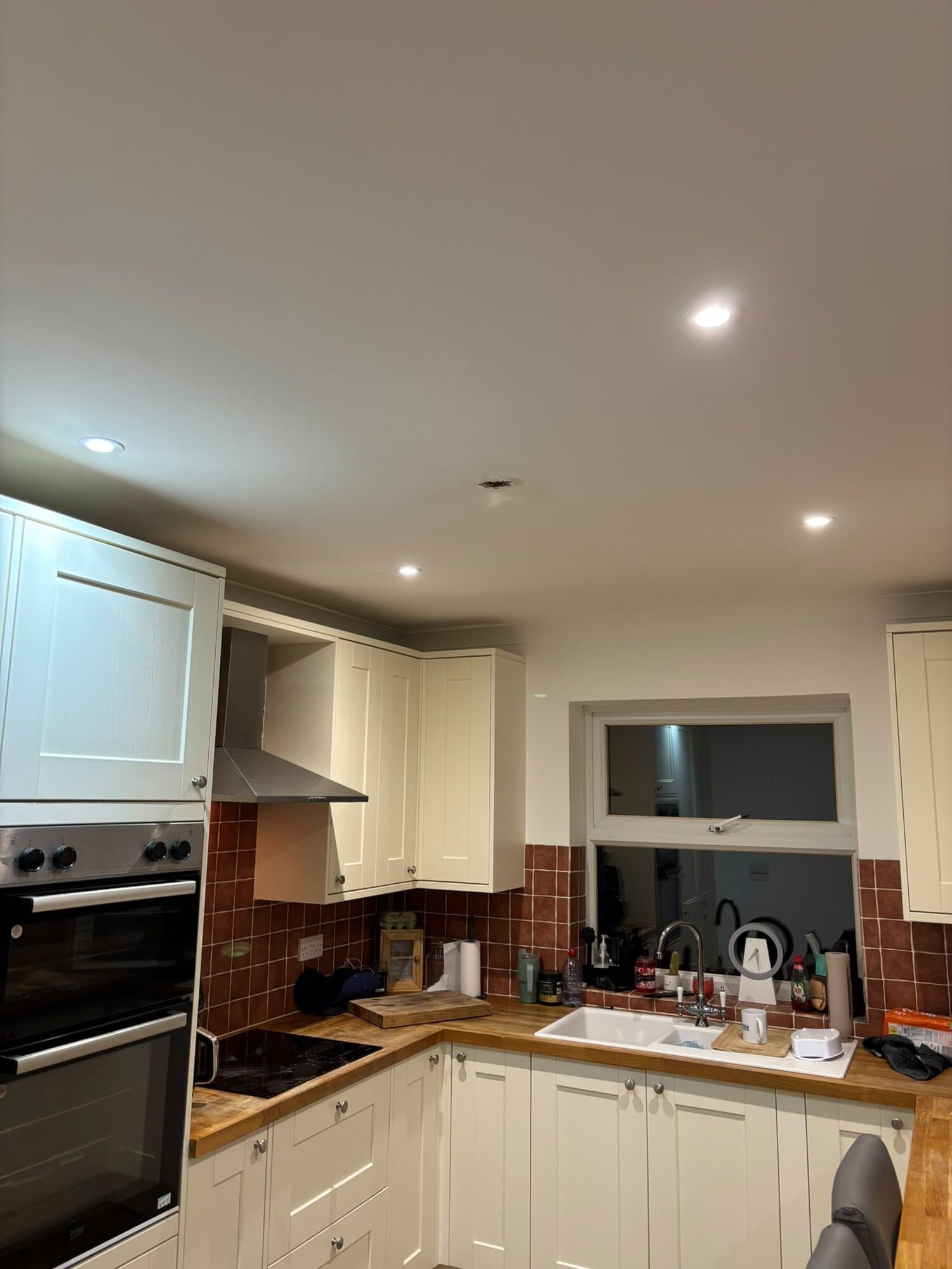 Kitchen ceiling fitted with new recessed downlights